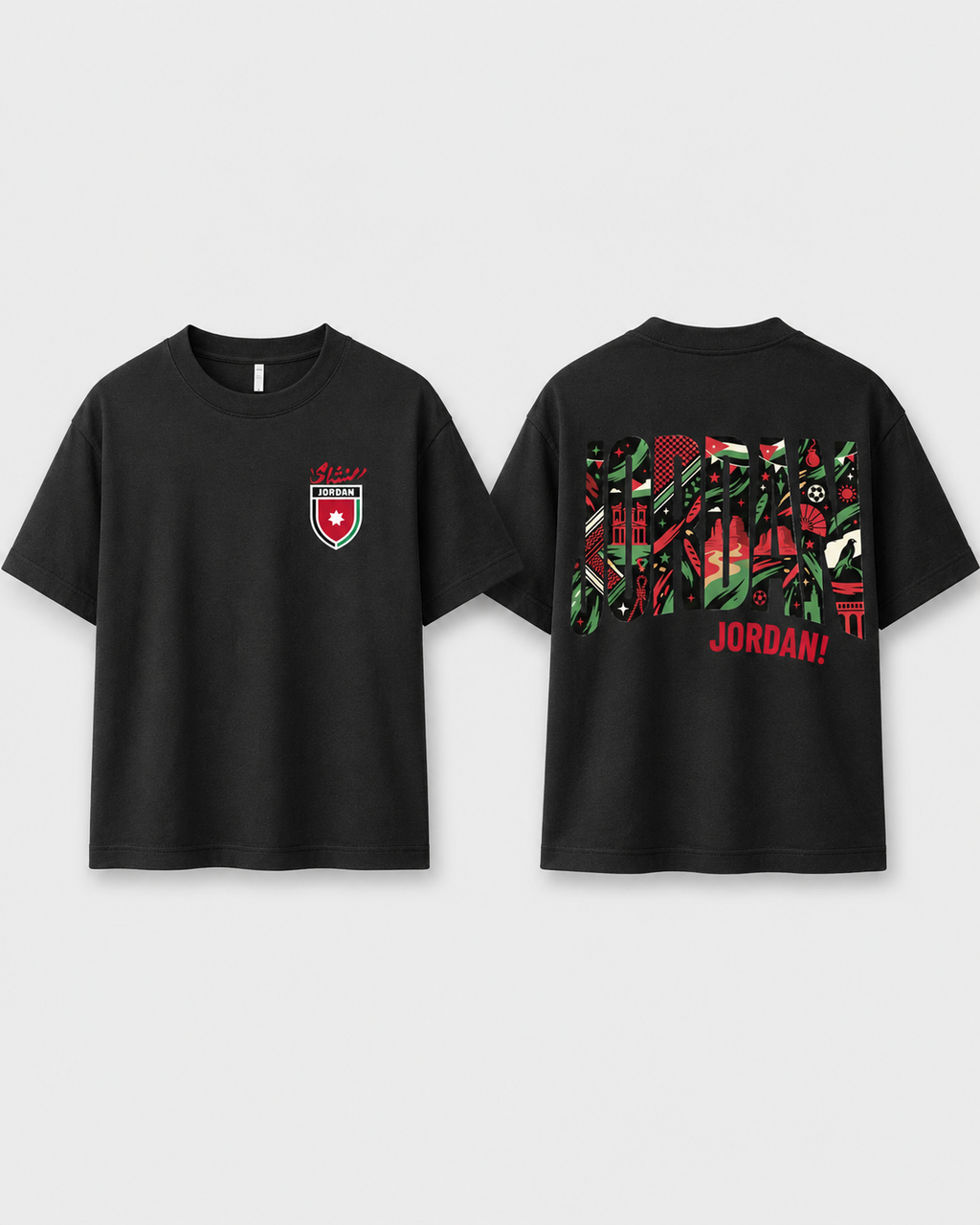 Black t-shirt with front and back designs on a white background